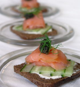 Smoked Salmon on Potato Blini with Caviar and Cr&egrave;me Fraiche