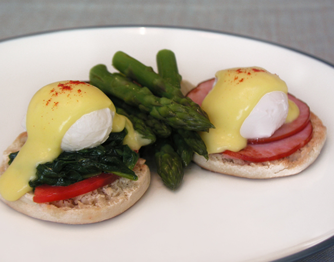 Eggs Benedict Duo; Traditional and Florentine, Seasonal Vegetables and Roesti Potatoes